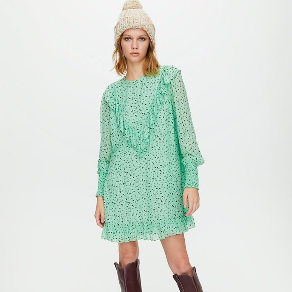 Aritzia Dresses & Skirts - ARITZIA Ruffled Gimlet Speckled Long Sleeve Semi Sheer Mini Dress